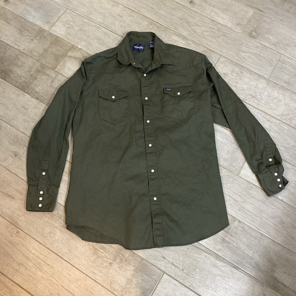 Wrangler Cowboy Cut Green Shirt Heavy Canvas Pockets Pearl Snap Long Sleeve XXL